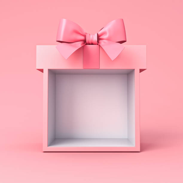 słodka wystawa stoisko puste pudełko stoisko z różowym pastelowym kolorze wstążki łuk izolowany na różowym tle minimalne koncepcyjne - rozpakowany zdjęcia i obrazy z banku zdjęć