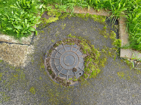 Rusty manhole on the street top view. Manhole covered by green moss with green grass around.