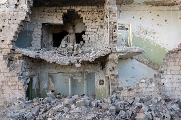 Hospital compound destroyed in fighting near Sloviansk, Ukraine Destroyed building at a psychiatric hospital on the outskirts of Sloviansk, Ukraine. The hospital was completely destroyed during fighting between Ukrainian and separatist forces in 2014. donetsk photos stock pictures, royalty-free photos & images