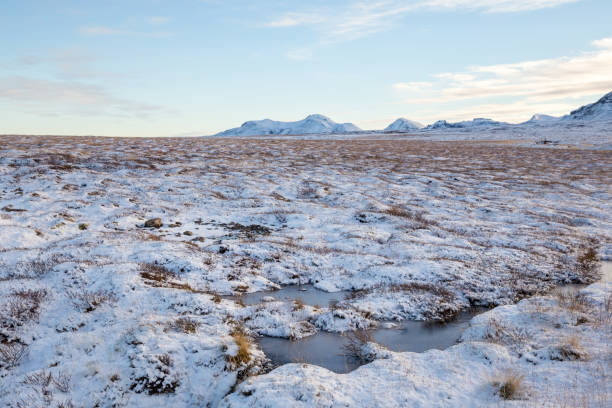 istock frozen stream in snow covered landscape with mountains in distance 1282011222