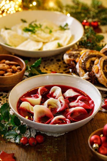 istock Traditional Christmas beetroot soup borscht with dumplings stuffed with mushrooms 1282014182