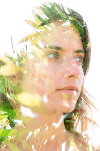 istock Young woman double exposure portrait with leaves 1282017306