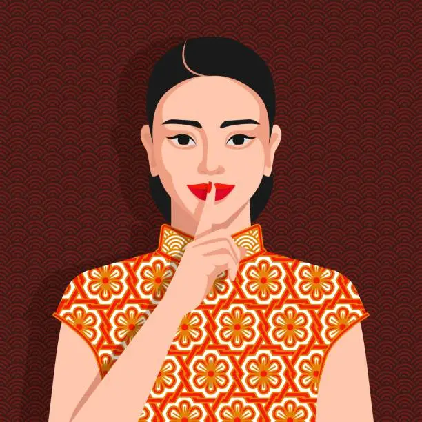 Vector illustration of Beautiful chinese woman holds finger to her lips