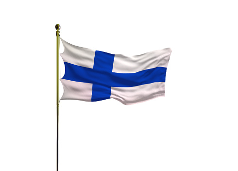 Finnish flag on a pole waving isolated on white background