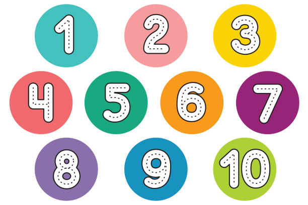 컬러 원에 흰색 숫자와 재미 있는 아이 글꼴. 흰색 배경에 격리 된 다채로운 벡터 그림입니다. - 숫자 일러스트 stock illustrations