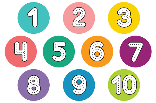 Funny children font with white numbers in color circle. Colorful vector illustration on white background.