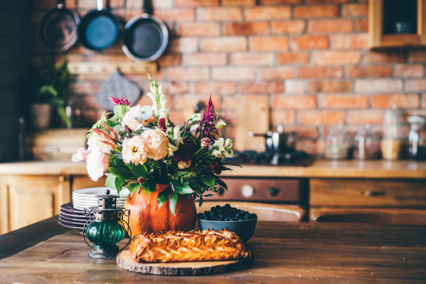 thanksgiving celebration traditional dinner.festive table setting. - autumn table setting flower imagens e fotografias de stock