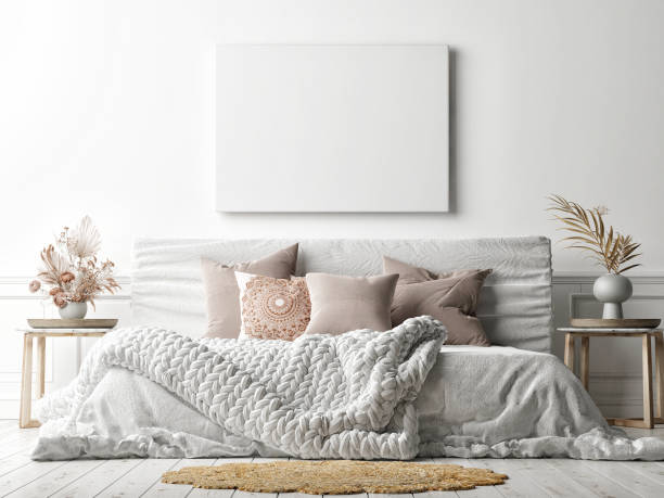 istock Mockup poster on white wall with a cozy bed, white background. 1282024248