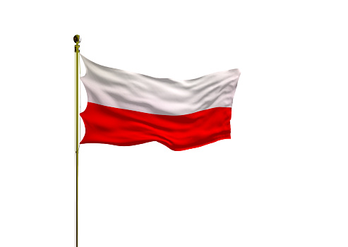 National flag of Poland waving 3D Render with flagpole and blue sky, flaga Polski or Flag of the Republic of Poland Rzeczpospolita. High quality 3d illustration