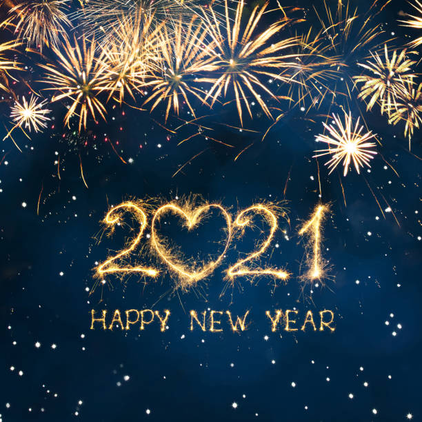 Greeting card Happy New Year 2021 Greeting card Happy New Year 2021. Beautiful Square holiday web banner or billboard with Golden sparkling text Happy New Year 2021 written sparklers on festive blue background. 2021 stock pictures, royalty-free photos & images