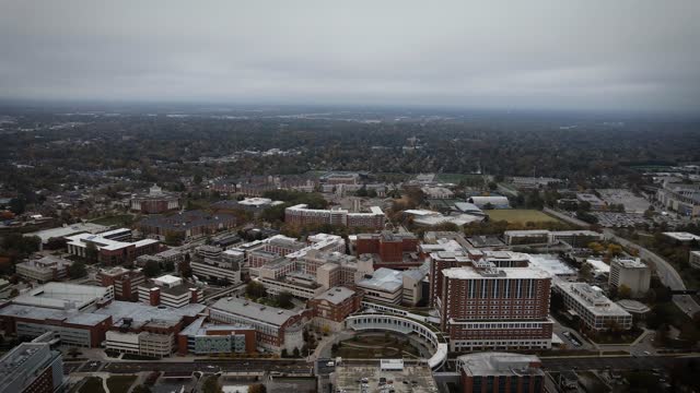 Flying above downtown Lexington, Kentucky close to University of Kentucky campus