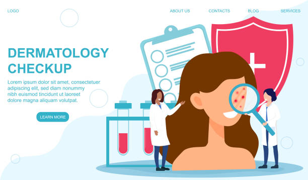 Dermatology Checkup concept Abstract concept of routine examination by a dermatologist. Flat cartoon vector illustration. Web page, website or landing page template. dermatologist stock illustrations