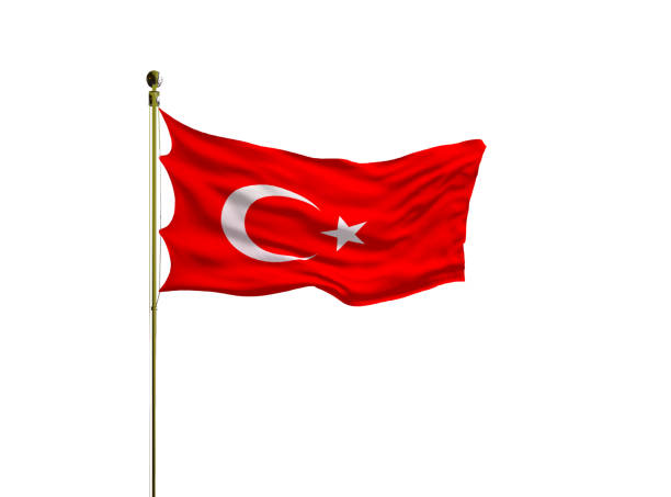 istock Turkish flag on a pole waving isolated on white background 1282026156