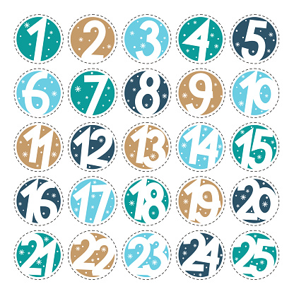 Snow Advent calendar. Advent stickers with numbers from 1 to 25. Christmas advent calendar, hand drawn style. Vector illustration.