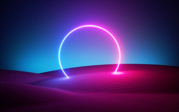 3d render, abstract modern minimal neon background. Glowing round frame with copy space, laser ring in the middle of the empty desert. Futuristic landscape