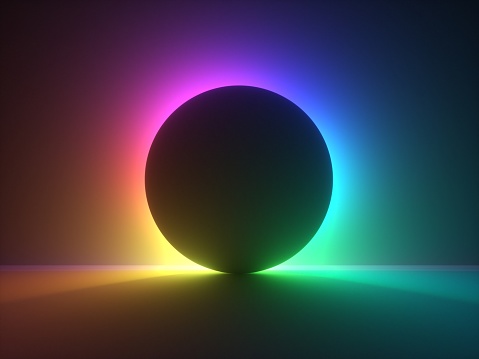 Renderizado en 3D, fondo abstracto con colorida luz de neón vibrante detrás de la bola negra. Concepto Eclipse. photo