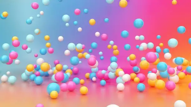 Photo of 3d render, abstract vibrant gradient background, assorted colorful balls falling down, jumping, bouncing, flying or levitating inside empty room. Minimal fun concept. Pink blue yellow white balloons