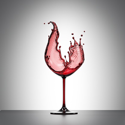 3d render, red liquid splash in the shape of wineglass, alcohol drink splashing wine clip art isolated on white background