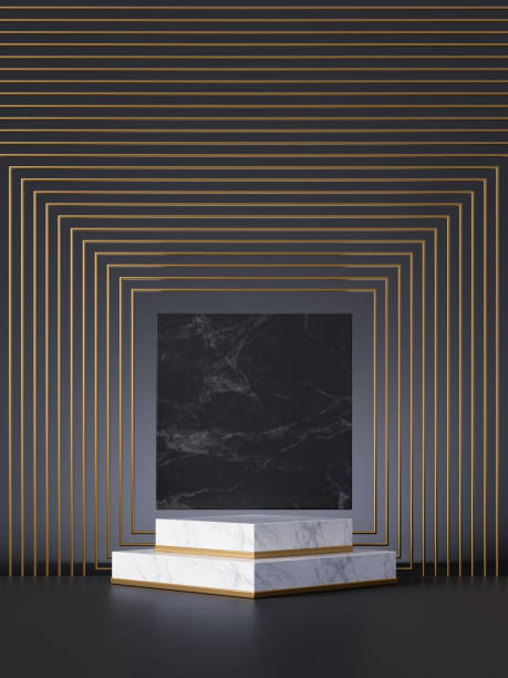 istock 3d render, abstract black marble background with white marble podium, art deco platform with square frame, memorial board with copy space, modern minimal showcase for product displaying 1282028550
