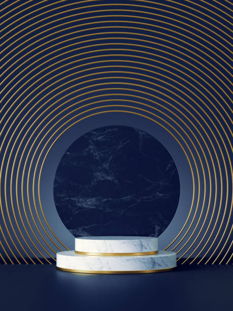 istock 3d rendering of white marble steps and blank round memorial board isolated on dark blue background. Golden art deco geometric frames, abstract minimal mockup with copy space 1282028663
