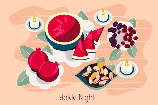 Illustration Vector concept happy Yalda night party in Iran Illustration Vector concept happy Yalda night party in Iran baklava stock illustrations