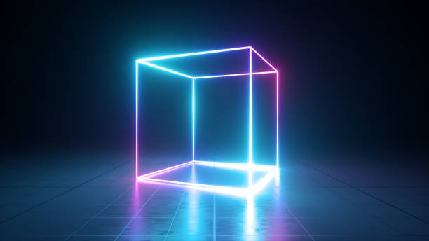 istock 3d render, abstract geometric ultraviolet background, blue neon cube perspective view, cubic cage stand on the empty stage 1282028674