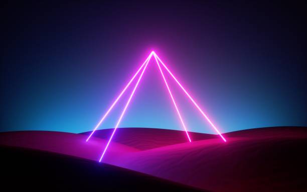 istock 3d render, abstract pink blue neon background with glowing pyramid in the middle of the empty desert. Futuristic design with laser lines 1282028680