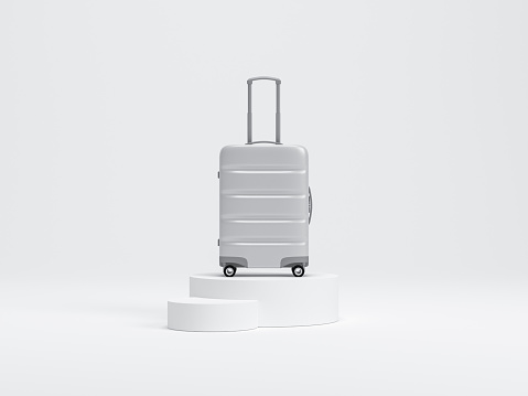 White Luggage mockup on podium, Suitcase, baggage, 3d rendering