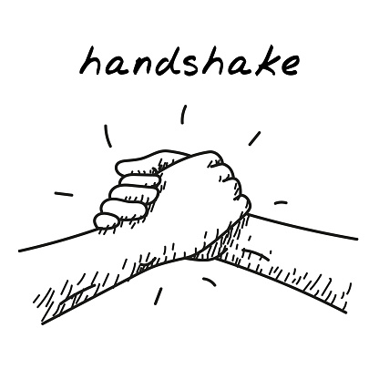 Strong hanshake handdrawn illustration. Cartoon clip art of a two muscular hands making a sport style handshake. Black and white sketch with concept of sport team, male bonding, bromance, sport
