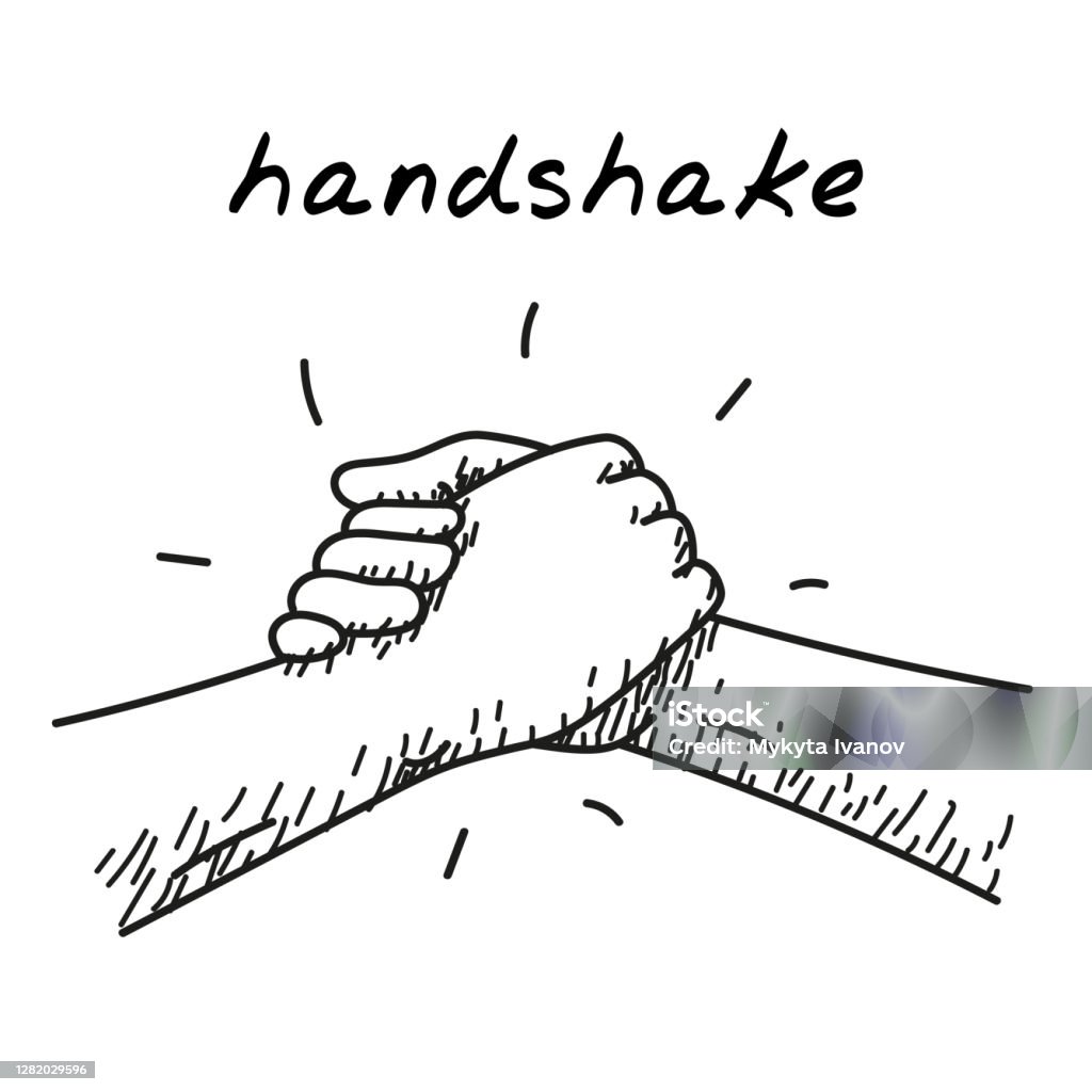 Strong Hanshake Handdrawn Illustration Cartoon Vector Clip Art Of A Two  Muscular Hands Making A Sport Style Handshake Black And White Sketch With  Concept Of Sport Team Male Bonding Bromance Sport Stock