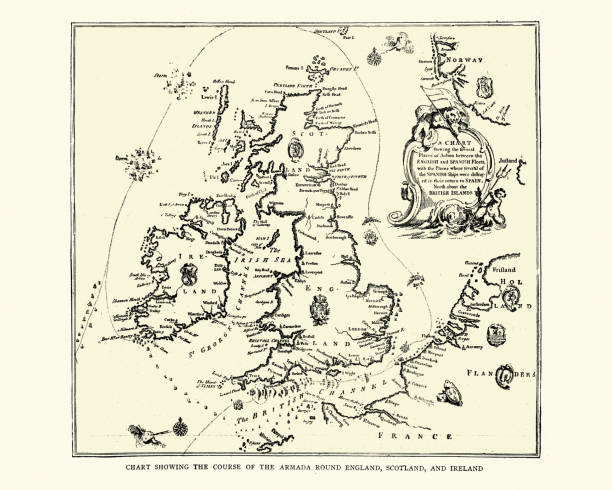 harita i̇ngiltere yuvarlak i̇spanyol armada ders gösteren - i̇skoçya illüstrasyonlar stock illustrations