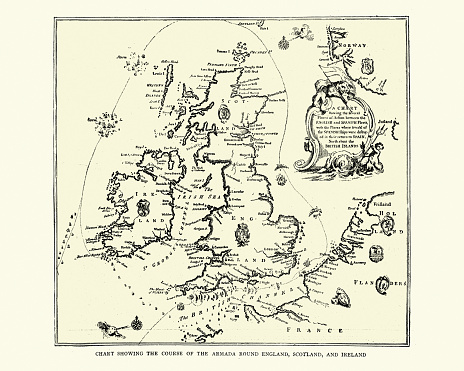 Vintage illustration of Map showing course of the Spanish Armada round England and Ireland