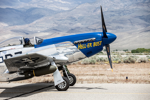 Bishop California, USA, May 13, 2010.  Bishop Airport, (KBIH).  \nWWII American Fighter Aircraft\n\nThe North American P 50D Mustang (Blue) armament, two 100lb. Bombs and six 50 Cal Guns.  Top speed of 362 Mph and  could fly over 2000 miles.  The Curtis P 40E Hellcat (Brown) armament two 100 lb. Bombs and six 50 Cal Guns.  Top speed of 296 Mph and could fly over 1,200 miles.  Both aircraft currently registered in Idaho.  Aircraft were in transit and stopped at Bishop Airport for fuel. \n\nBishop Airport was built in 1928 and expanded and operated by the Army Air Corps during WWII.  During the war it was used as a military flight training base and boasted a chow hall and barracks for pilots during training.  Because of its strategic location east of the 12,000 foot tall Sierra Nevada Mountain range Bishop would be used as a Fall Back Base in the event the Japanese military attacked the California coast.