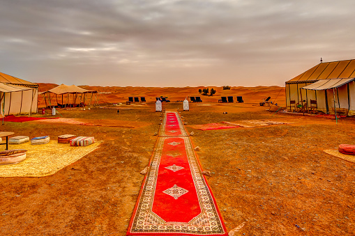 Erg Chebbi, Morocco - March 30, 2019: A luxury camp in the Moroccan Sahara Desert near Erg Chebbi