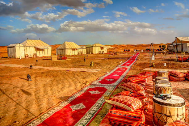 A luxury camp in the Moroccan Sahara Desert near Erg Chebbi stock photo