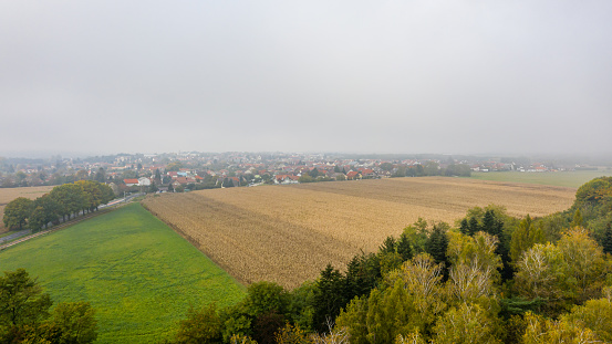Drone photo of Andrashida district on a foggy autumn morning in City Zalaegerszeg, Hungary