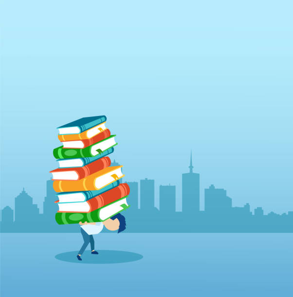 illustrazioni stock, clip art, cartoni animati e icone di tendenza di vettore di un ragazzo che porta sulla schiena una pila di libri - student effort book carrying