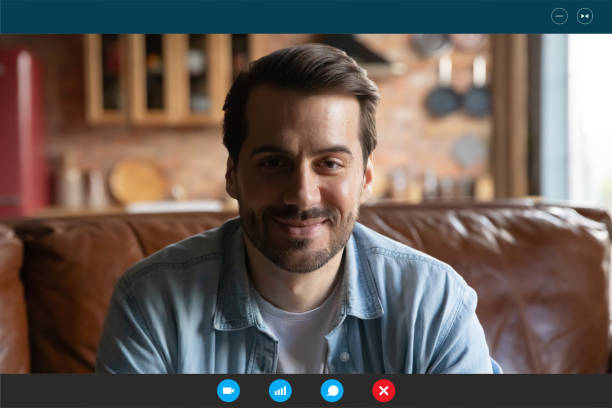 istock Screen view of man speak on video call at home 1282038084