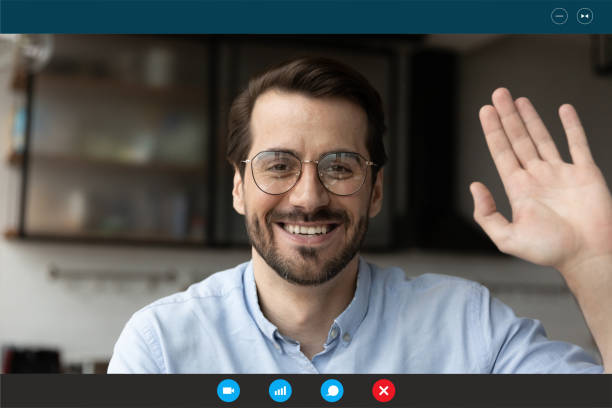 istock Screen view of smiling Caucasian man speak on video call 1282038088