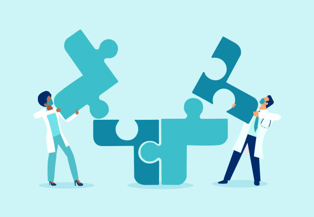 ilustraciones, imágenes clip art, dibujos animados e iconos de stock de vector de dos médicos armando piezas de rompecabezas un símbolo de trabajo en equipo y colaboración - jigsaw puzzle teamwork puzzle red