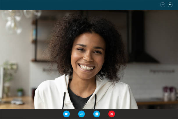 istock Screen view of smiling biracial woman have webcam call 1282040016