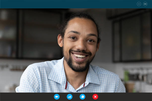 istock Screen view of biracial man have webcam call 1282040027