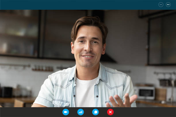 Close up screen view of male trainer have webcam online lesson or training at home. Motivated Caucasian man talk speak on video call, engaged in virtual event or digital internet webcam conference.