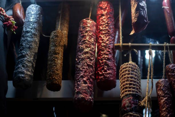 istock Dried sausage hanging on the ropes. 1282043338