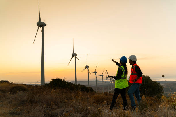 Renewable Energy Systems Engineering Silhouette of young engineer holding laptop computer planning and working for the energy industry and standing beside a wind turbines farm power station at sunset time renewable energy stock pictures, royalty-free photos & images