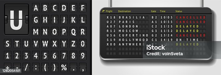 istock Vector airline departure board. Realistic flip airport board template. Black 3d airport timetable with arrivals. Analog scoreboard font on dark background 1282054101