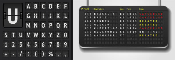 Vector airline departure board. Realistic flip airport board template. Black 3d airport timetable with arrivals. Analog scoreboard font on dark background Vector airline departure board isolated. Realistic flip airport board template. Black 3d airport timetable with arrivals. Analog scoreboard font on dark background. Destination airline board silicon valley stock illustrations