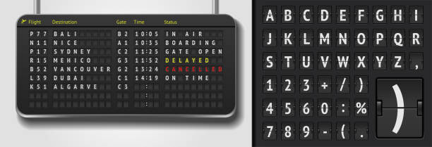 istock Analog scoreboard font on dark background. Vector airline departure board. Realistic flip airport board template. Black 3d airport timetable with arrivals 1282054107