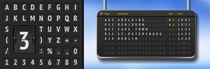 Vector airline departure board isolated. Realistic flip airport board template. Black 3D airport timetable with analog scoreboard font