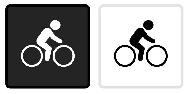 Bicycle Icon on  Black Button with White Rollover Bicycle Icon on  Black Button with White Rollover. This vector icon has two  variations. The first one on the left is dark gray with a black border and the second button on the right is white with a light gray border. The buttons are identical in size and will work perfectly as a roll-over combination. cycling borders stock illustrations